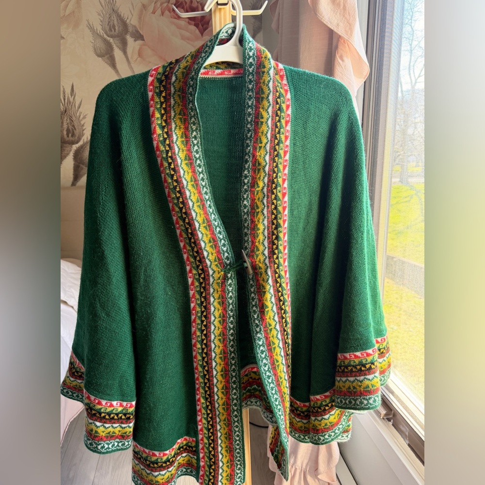 Peru Peruvian Green Knit Open Cardigan Sweater poncho Alpaca 🦙